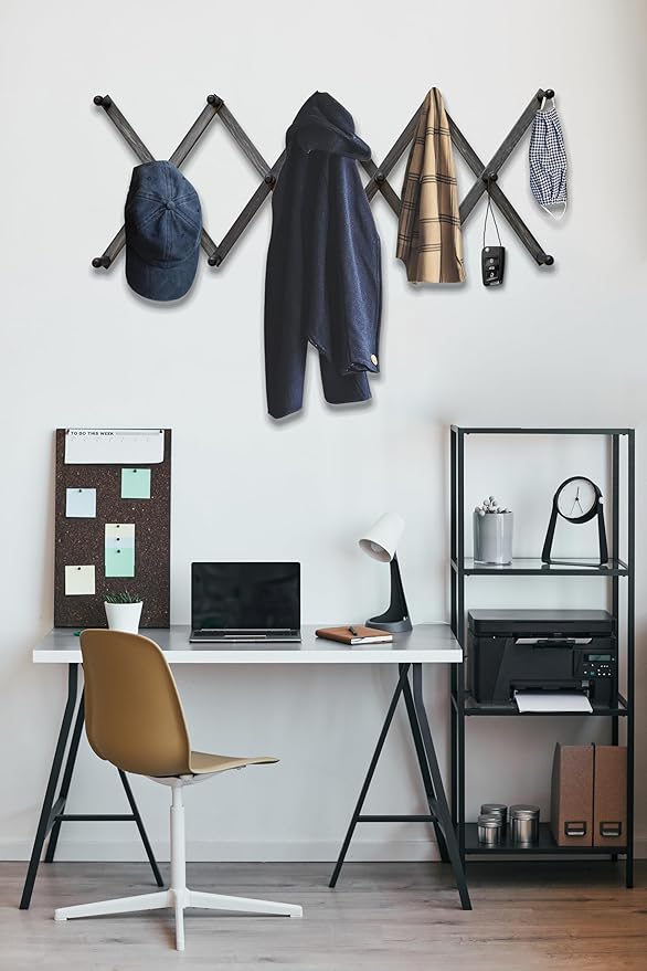 Expandable Wooden Coat Rack Hanger - Large Accordion Hanger with Expanding Pegs | Hand Made Rustic Wooden Hat Rack for Wall | Hang Coat, Jacket, Hat – 14 Hook, Distressed Black