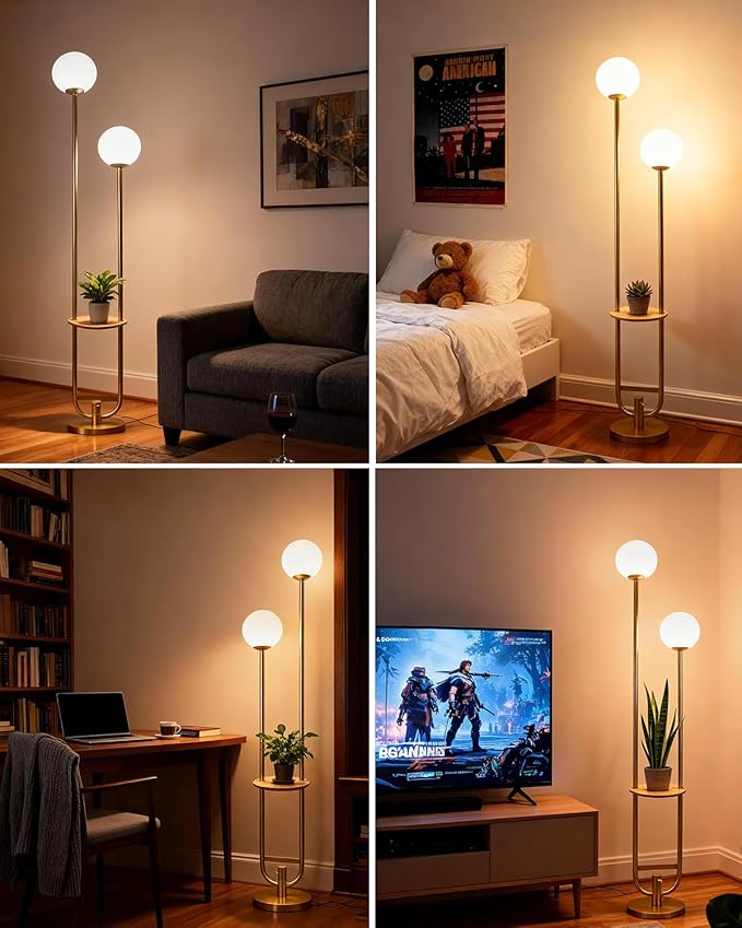 Lightdot 63IN Gold Floor Lamp with U Pole, 2 Globe Mid Century Standing Lamps with Warm White LED Bulbs, Unique Vintage Tall Floor Lamp for Living Room/Wedding/Party