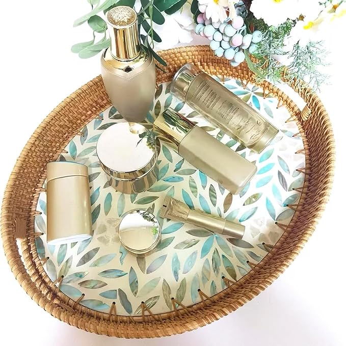 i-lan 17 Inch Blue Mother of Pearl Inlay Rattan Serving Platter,Rattan Coffee Bread Tray Display with MOP Inlay Wooden Base, Decorative Wicker Basket for Table Decor, Storage of Fruit,Candy