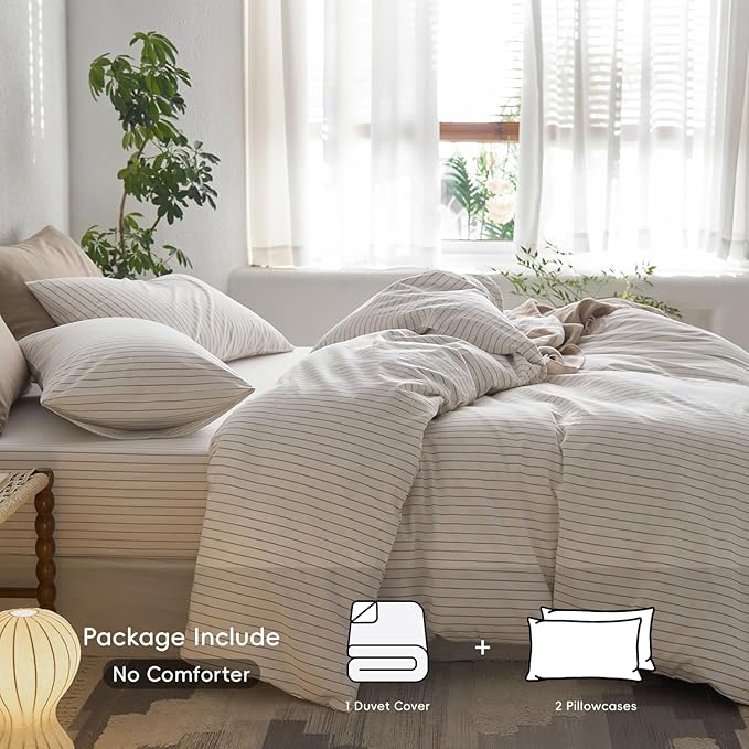 MooMee Striped Duvet Cover Set 100% Washed Cotton Linen Like Textured Breathable Durable Soft Comfy (White Tannish Linen Grey Wide Stripes, Oversized Queen 98"x98")