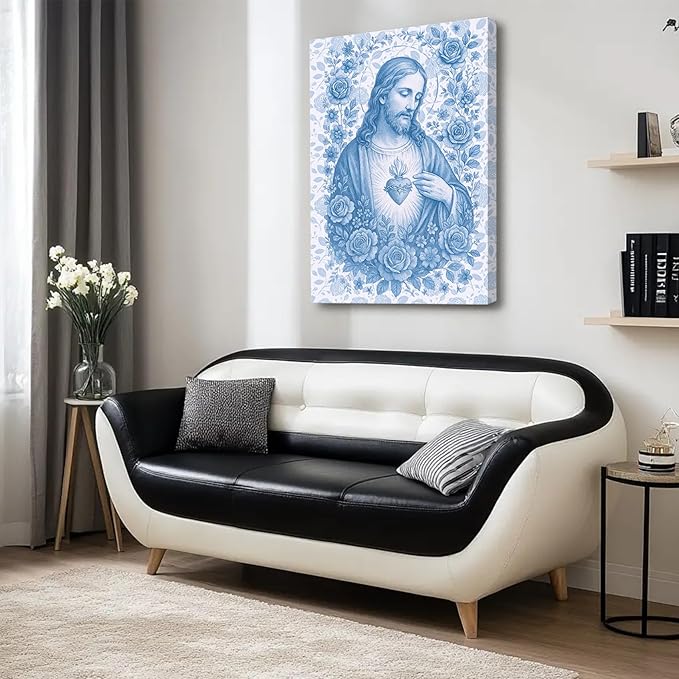 Blue Sacred Heart of Jesus Canvas Wall Art Divine Mercy Wall Decor Jesus Portrait Pictures Catholic Artwork Christian Religious Poster Prints for Bedroom Living Room Prayer Room Church 16x24in