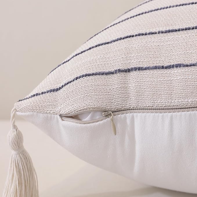 QDTTSRY Decorative Boho Throw Pillow Covers 20x12 Inch Set of 2, Textured Linen Striped Lumbar Throw Pillows with Tassels, Farmhouse Decor Cushion Covers for Couch Bed Living Room, Dusty Blue