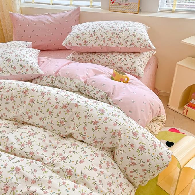 LifeTB Cotton Floral Duvet Cover Twin Pink White Bedding Sets Vintage Style Flower Botanical Boho Aesthetic Comforter Chic Garden with Zipper Closure, Twin(68/''x86/'')