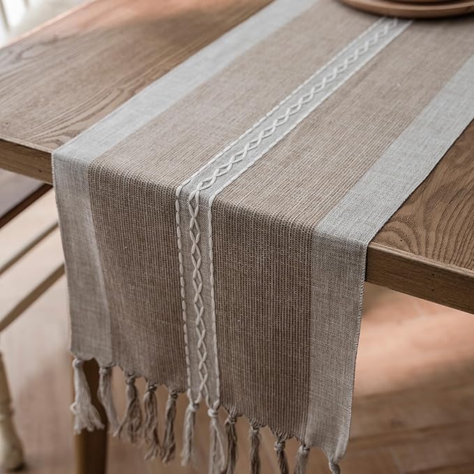 Niviy Farmhouse Table Runner Valentine's Day, House Warming Gifts New Home, Embroidered Striped Braided Coffee Boho Table Runner, Farmhouse Table Decoration for Holiday Party 12 x 72 Inches