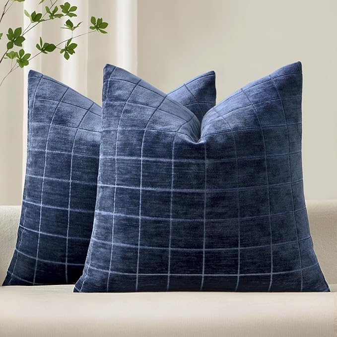 MIULEE Decorative Chenille Check Throw Pillow Covers Vintage Plaid Couch Pillows 18x18 Inch Set of 2 Neutral Boho Farmhouse Cushion Covers Modern Home Coastal Decor for Sofa Bed Living Room Navy Blue