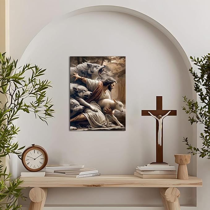 Jesus and Lamb Canvas Wall Art Jesus Saves the Lost Lamb Poster Wall Decor God Protect A sheep From Wolves Print Painting Christian Picture Artwork for Living Room Bedroom Church 12x16in Framed
