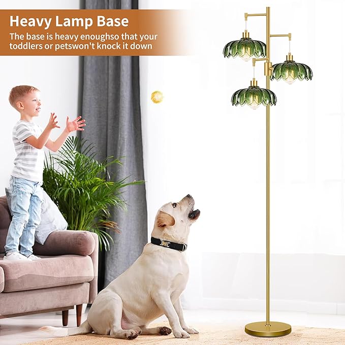 WLQCWL Vintage Floor Lamps for Living Room Bedroom-3 Light Dimmable Gold Floor Lamp with Glass Lampshape, Flower Tall Lamp Modern Mid Century Standing Lamp Green Tree Floor Lamp for Bedroom Corner