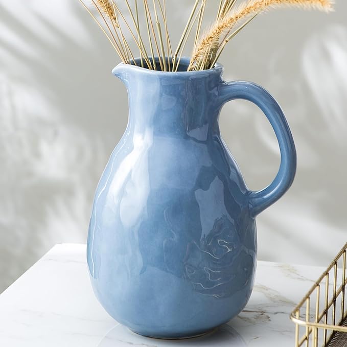 Kimdio Blue Ceramic Vase with Handle, Modern Pitcher Vases for Home Decor, Pottery Decorative Flower Vase, Clay Vases, Centerpieces for Living Room