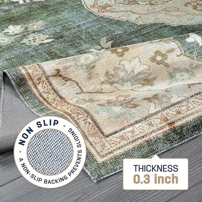 Beverly Rug Non Slip Rugs 2x3 Boho Medallion Floral Non Skid Rubber Backing Easy Silk Soft Entryway Rug for Living Room Easy to Clean Non Shedding Kitchen Bedroom Indoor Carpet (2 x 3 Green - Cream)