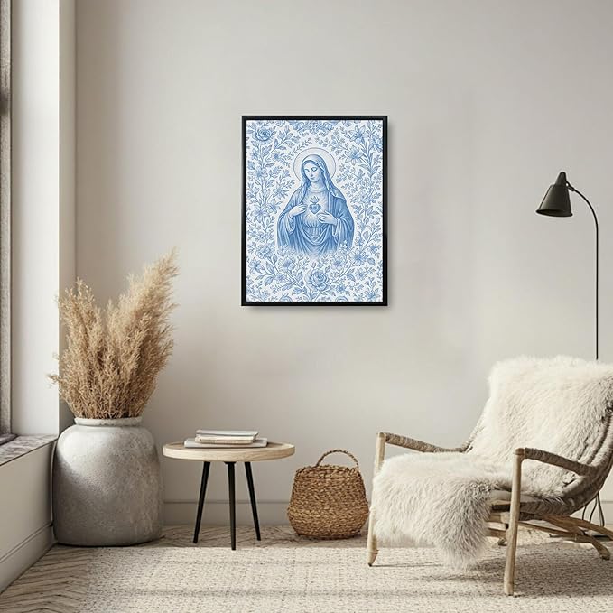 Framed Blue Virgin Mary Immaculate Heart Canvas Wall Art Christian Catholic Wall Decor Our Lady of Guadalupe Portrait Poster Prints Religious Bible Artwork for Living Room Prayer Room Church 12x16in