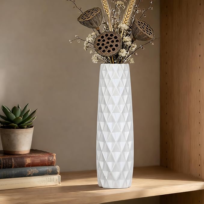 12 Inch White Vase Ceramic Flower Vase, Tall Vases for Pampas Grass, Home Decor, Modern Textured Vases for Living Room Decorations,Table Centerpieces,Shelf,Farmhouse Small Ceramic Vase