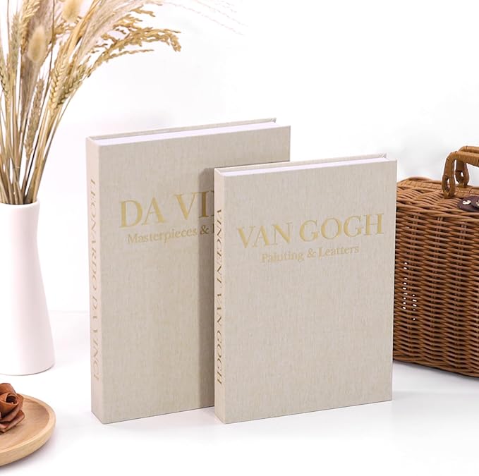 Premium Decorative Books - Set of 2 - Linen Storage Box for Coffee Table Faux Decor Boxes for Bookshelf Fake Books for Decoration for Living Room - Modern Home (Beige & Beige)