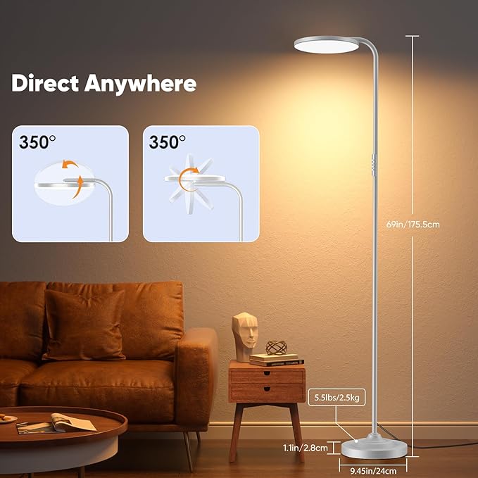 SIBRILLE 36W LED Floor Lamp, Upgrade Super Bright Standing Lamp, Modern Stepless Dimmable Torchiere Tall Lamp with Remote Control, 350°Rotating Head Reading Floor Lamp for Living Room, Bedroom, Office