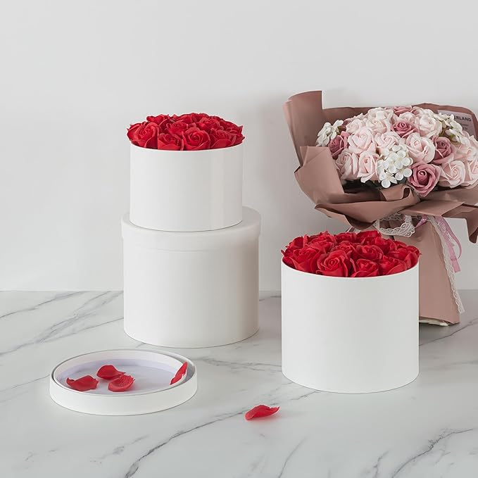 Soul & Lane Round Gift Boxes with Lids – Set of 3 Circular Boxes for Flowers, Bouquets & Arrangements, White Cardboard Cylinder Gift Box Set for Roses, Décor and Special Presentations
