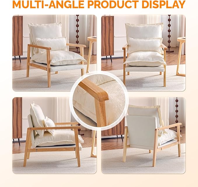 VINGLI Mid-Century Modern Cloud Accent Armchair with Lumbar Pillow, 6.3'' Thick Seat Cushion Comfortable Reading Chair with Wooden Armrests，Boho Lounge Chair for Bedroom, Living Room, Chenille, Beige