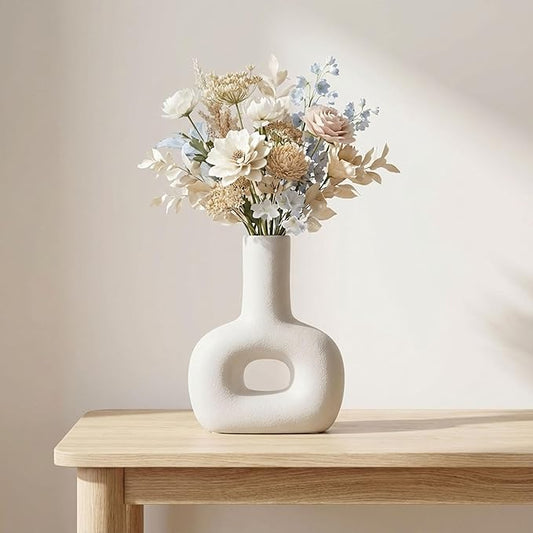 Modern Open-Cut Dolomite Vase for Living Room Decor and Home Accents - Decorative Flower Vase for Room, Bedroom or Office Display - Elevate House Display and Console Table Decor - 8", Ivory