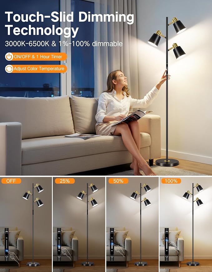 OUTON LED Tree Floor Lamp, Modern Dimmable Standing Lamp with Remote & Touch Control, 4 Color Temperatures, 3 Rotatable Lights Floor Lamps for Living Room, Bedroom, Office, Black & Gold