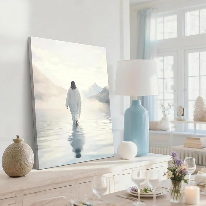 Framed Jesus Walking on Water Wall Art, Christian Canvas Wall Decor Pictures, I Will Walk With Christ Posters Prints Religious Home Decor for Living Room Bedroom Church Prayer Room 16x24 inch
