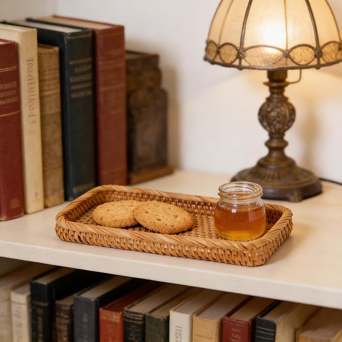Small Rattan Serving Tray, Woven Rectangle Tray Key Basket for Entryway Table, Natural Wicker Trays Fruit Bowl Decorative Baskets for Bathroom