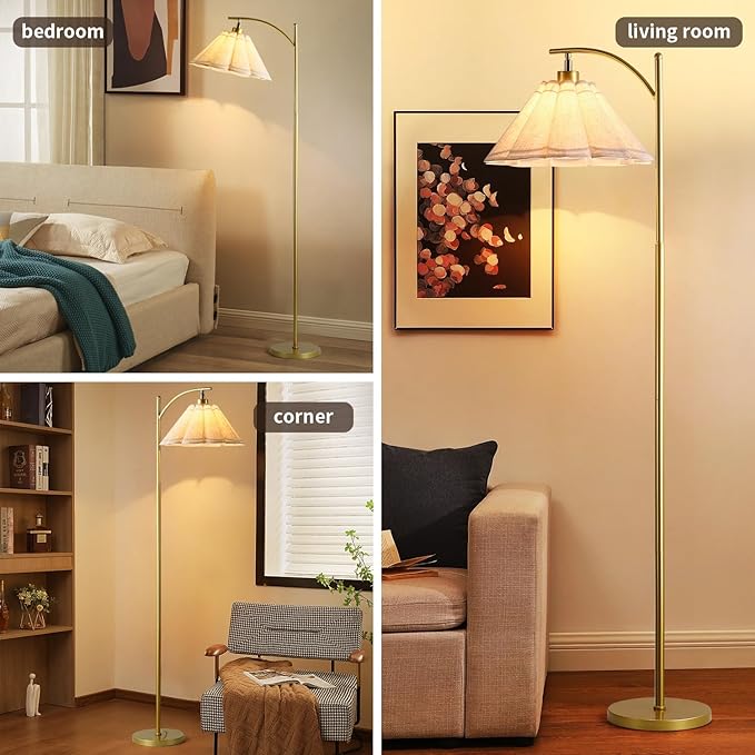 Omlaamy Floor Lamp with Pleated Linen Lampshade, Modern Flower Floor Lamp for Living Room Arc Standing Lamp, Gold Tall Lamp for Bedroom Office Dining Room, Bulb Included (Gold + Flax Color, 66.14IN)