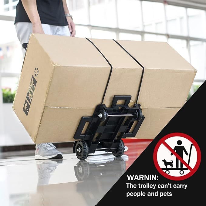 Folding Hand Truck Lightweight Trolley,Small Utility Dolly cart with 4 Wheels & 2 Elastic Ropes,Portable Backpack Trolley,Luggage cart,Dolly,Grocery cart,Travel,Moving,Shopping.Aluminum Pole,Black