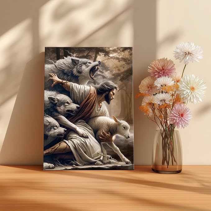 Jesus and Lamb Canvas Wall Art Jesus Saves the Lost Lamb Poster Wall Decor God Protect A sheep From Wolves Print Painting Christian Picture Artwork for Living Room Bedroom Church 12x16in Framed
