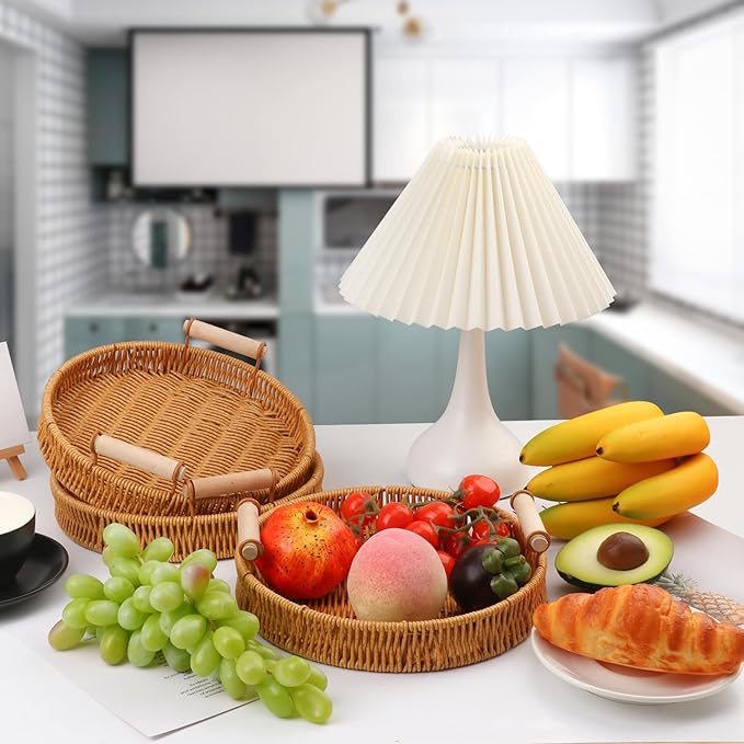 4 Pack 9.7 inch Round Rattan Tray, Round Woven Serving Basket with Handles, Storage Rattan Serving Trays for Home, Restaurant & Hotel Use, Durable & Easy-Cleaning