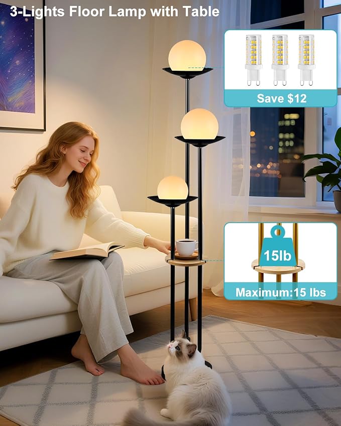 ACOHOOK 63IN Globe Floor Lamp with Table, 3-Lights Modern Dimmable Floor Lamps with 3000K Soft Warm White Bulbs for Wedding/Party, Black Tall Standing Lamp for Living Room/Bedroom