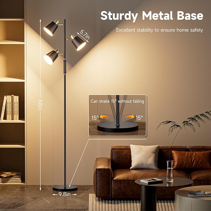 Jeagop LED Tree Floor Lamp, 2500LM Super Bright Standing Lamp with Remote & Touch Control, 4 Color Temperatures, 3 Rotatable Lights, Modern Dimmable Floor Lamps for Living Room Bedroom Office