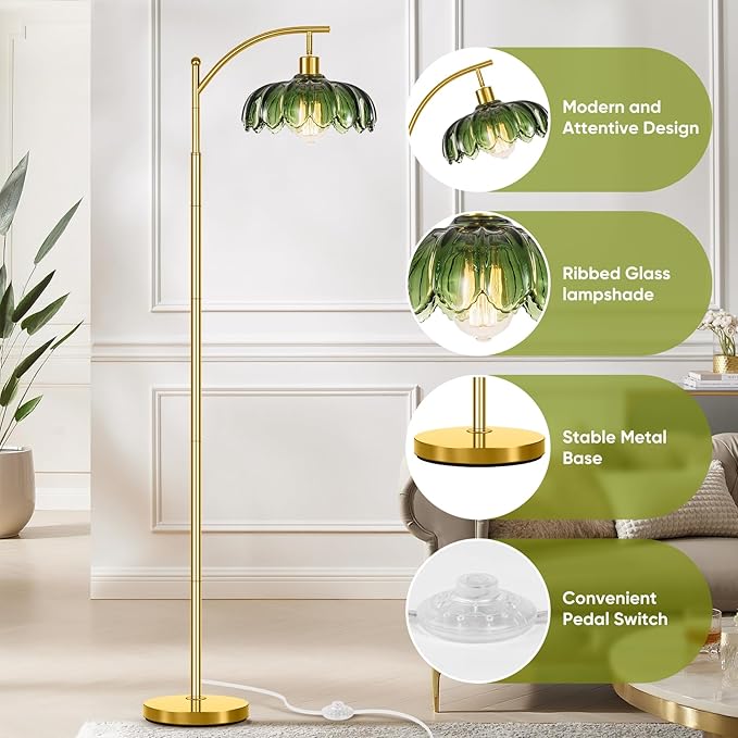 gernehop Gold Floor Lamp for Living Room with Remote Control,Unique Vintage Standing Tall Lamp,Mid Century Modern Floor Lamps Arc Green Glass Floor Lamps for Office Corner
