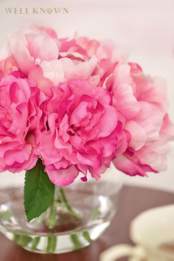 Artificial Flowers in Vase, Silk Peonies Bouquet for Vase with Faux Water, Fake Peony Pink Flower Arrangement for Home Wedding Birthday Party Dining Table Centerpiece Spring Festival Decor Mom's Gift