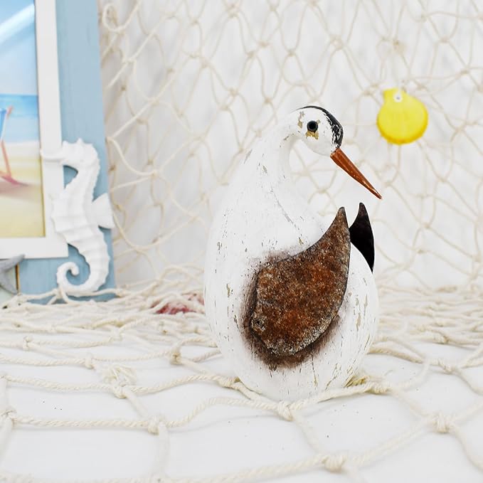 Wood Bird Statue Nautical Decor Decorative Rustic Seabird Sculpture Wooden Beach Themed Coastal Mediterranean Tabletop Decoration for Home Bathroom Living Room (S)