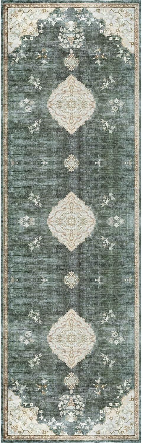 Beverly Rug Non Slip Rugs 2x7 Boho Medallion Floral Non Skid Rubber Backing Easy Silk Soft Runner Rug for Living Room Easy to Clean Non Shedding Kitchen Bedroom Indoor Carpet (2 x 7 Green - Cream)
