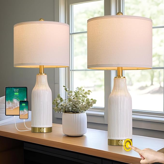 24.5" Modern 3-Way Dimmable Touch Control with USB A+C Ceramic Lamps Set of 2 Table Lamp for Living Room Bedroom Farmhouse Nightstand Bedside White