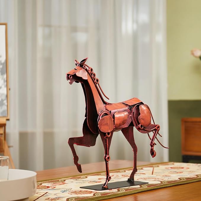 Metal Horse Statue - Rustic Handmade Western Decor - 100% Hand-Painted Horse Figurines Decor for Office Home - Vintage Brown