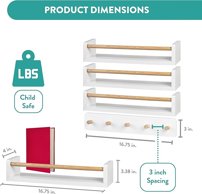 Nursery Floating Shelves with Hook Rack - 16.5 inch, Set of 4 Solid Wood Wall Storage for Books, Toys, Blankets, Clothes - Modern Kids Room, Nursery Decor (Snowy Alpine White)