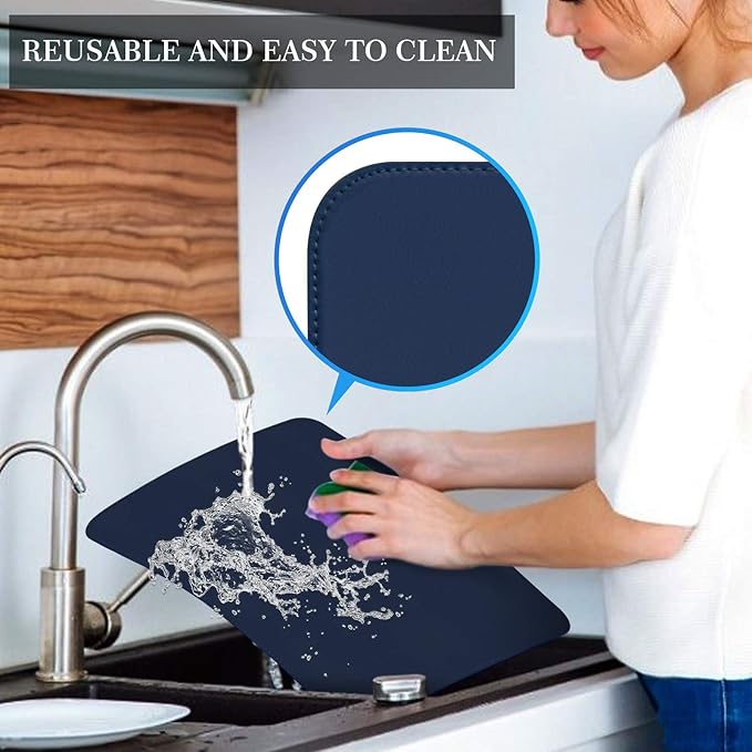 Faux Leather Placemats Set of 6, Vinyl Placemats Heat Resistant Place Mats, Waterproof Oil-Proof Wipeable Dining Table Mats and Coasters for Kitchen, Indoor, Outdoor (Navy Blue)