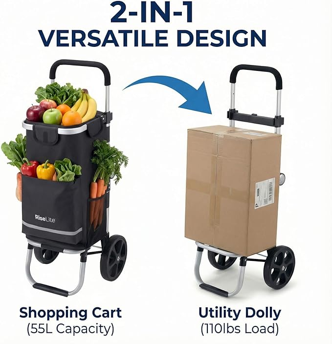 Lightweight Shopping Cart with Wheels, Foldable Grocery Trolley for Supermarket & Teachers, Rolling Utility Crate with Insulated Cooler, Adjustable Handle, 110 lbs