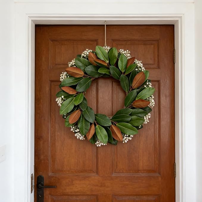 4PCS Magnolia Artificial Leaves Branches 23.2 Inch 3D Real Touch 28 Leaves Faux Magnolia Stems Fake Leaves Bulk for Indoor Outdoor Vase Filling Home Wedding Floral Arrangement Decoration