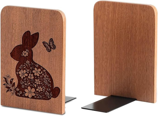 Bunny Gifts for Women Girls, Bunny Bookends, Gifts for Rabbit Lovers, Heavy Duty Wooden Book Ends for Shelves Decorative(1 Pair, 4.72x6.69 Inches)