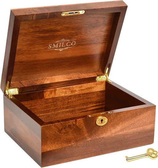 Smilco Wooden Storage Box with Hinged Lid Acacia Wood Hand-Crafted Wooden Box for Recipes Decorative Storage or as Keepsake