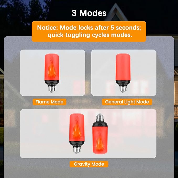Hompavo Gen2 LED Flame Light Bulbs, Like Real Fire 4-Mode Flickering Light Bulbs with Upside Down Effect, E26 Flame Bulb for Halloween Christmas Party Patio Porch Home Indoor & Outdoor Decorations, 2