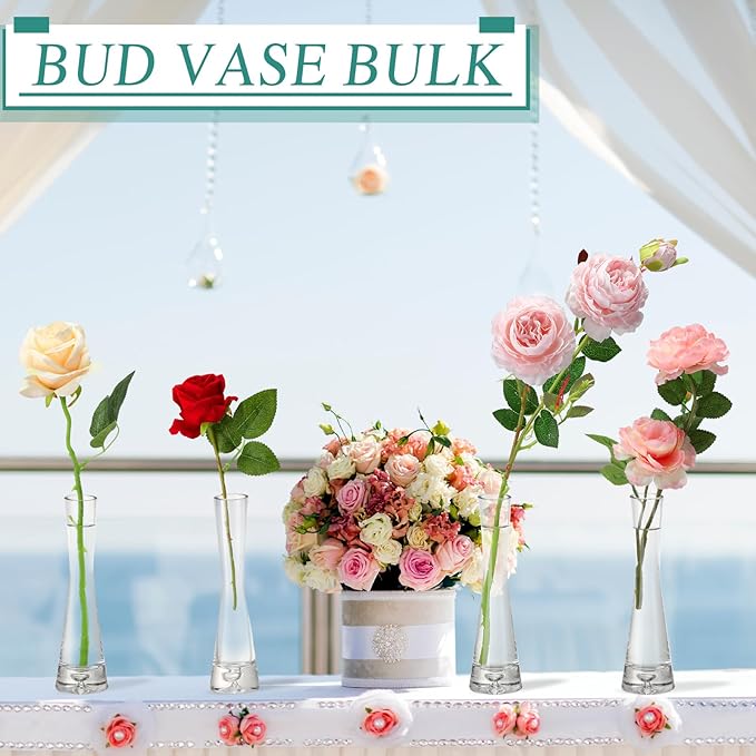 Sliner 6 Pcs Tall Glass Bud Vase for Centerpieces Clear Maria Bud Vase Small Single Flower Vase Rose Skinny Decorative Cylinder Vases for Wedding Party Home Table Decorations(7.87'' H)
