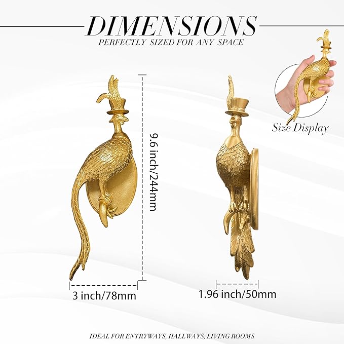 Juedawyal Gold Pheasant Wall Decor, Resin Animal Wall Sculpture, Decorative Animal Wall Art Accent for Living Room, Hallway or Staircase