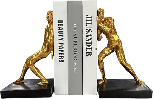 Golden Abstract Man Bookends Set of 2 – Heavy Duty Resin Sculpture Book Stoppers, Decorative Modern Book Ends for Home Office Bookshelf Organizer
