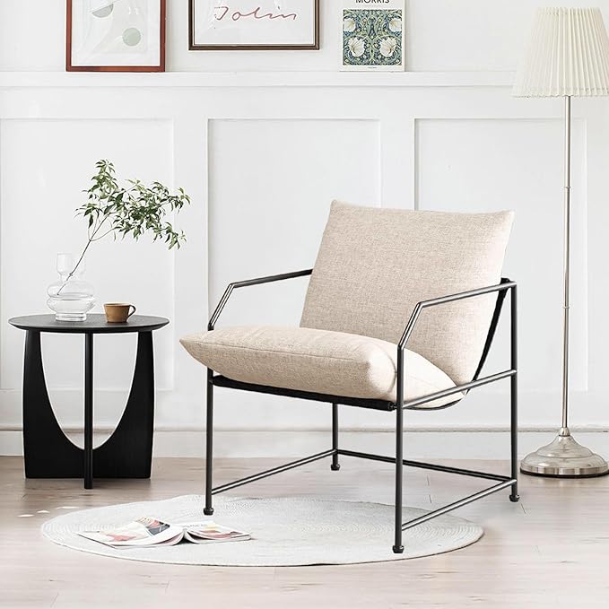 Accent Chair Living Room Chairs Comfy Reading Chair for Bedroom Upholstered Lounge Chair Mid Century Modern Arm Chair Sling Accent Chairs for Living Room Side Sofa Chair Fabric Armchair(Cream, 1)