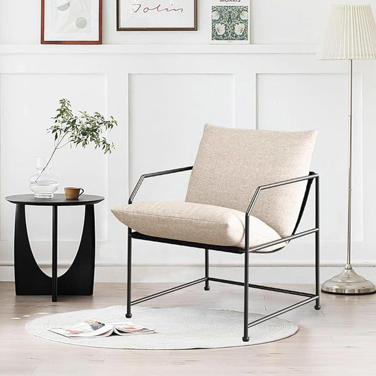 Accent Chair Living Room Chairs Comfy Reading Chair for Bedroom Upholstered Lounge Chair Mid Century Modern Arm Chair Sling Accent Chairs for Living Room Side Sofa Chair Fabric Armchair(Cream, 1)