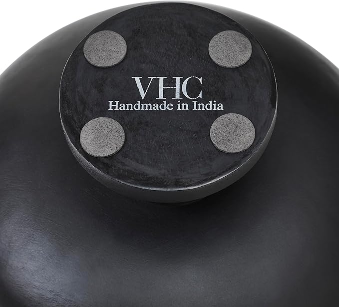 VHC Brands Ribbed Black Wooden Fruit Bowl 5.5x12x12, Kitchen Decor, Decorative Wooden Pedestal Bowl, Perfect Centerpiece for Table, Island, or Counter