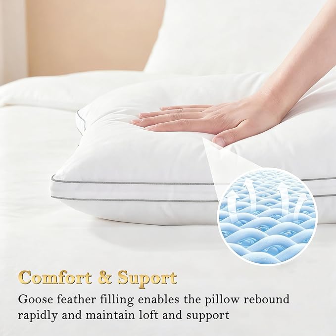 Homotive Feather Pillows King Size Set of 2 Goose Down Pillows with 100% Breathable Cotton Cover, Hotel Collection Bed Pillows for Sleeping, Soft Support for Back, Stomach and Side Sleepers