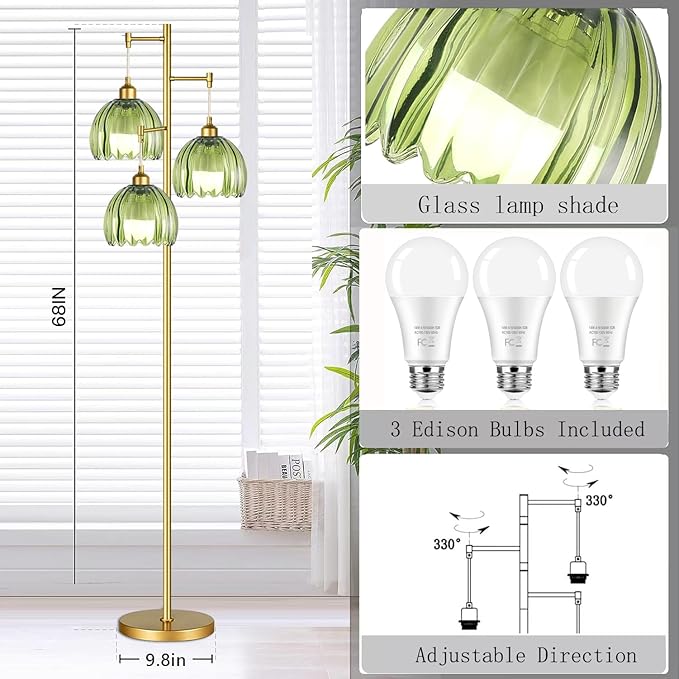 ZECOXOL Gold Floor Lamps for Living Room Bedroom-3 Light Green Glass Floor Lamp with Three Led Bulb, Rustic Tall Floor Lamp Gold Standing Lamp Tree Floor Lamps for Living Room Bedroom,Office,Corner